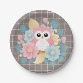 Moderne Roze Uil Bloemen & Raster Baby shower Papieren Bordje (Voorkant)