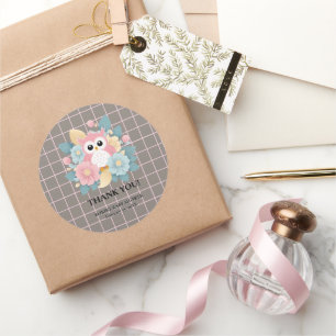 Moderne Roze Uil Bloemen & Raster Baby shower Ronde Sticker