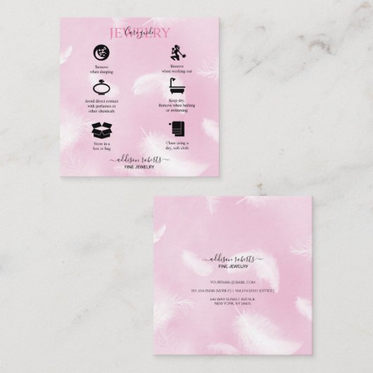 Moderne roze veer juwelen vierkante visitekaartje (Voorkant / Achterkant)