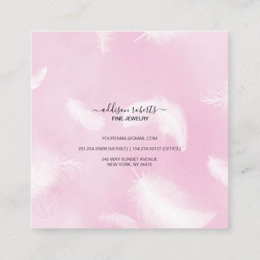 Moderne roze veer juwelen vierkante visitekaartje (Achterkant)