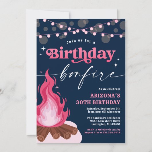 Moderne Roze Verjaardag Bonfire Uitnodiging (Voorkant)