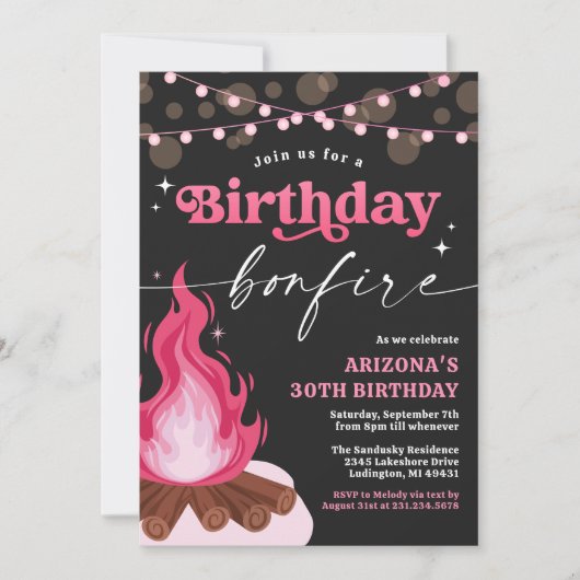 Moderne Roze Verjaardag Bonfire Uitnodiging (Voorkant)