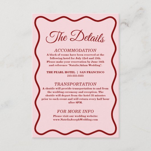 Moderne roze vet funky retro chique bruiloft detai informatiekaartje (Voorkant)