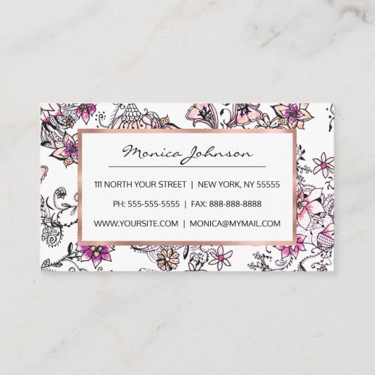 Moderne roze violette zwarte witte florale illustr klantenkaartje (Achterkant)