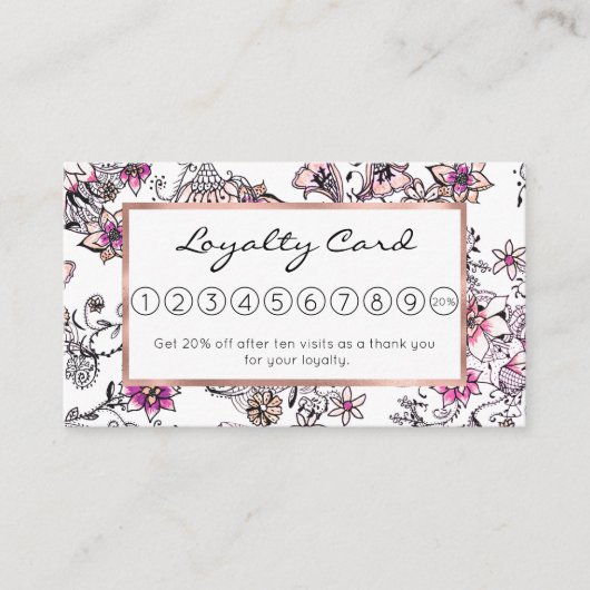 Moderne roze violette zwarte witte florale illustr klantenkaartje (Voorkant)