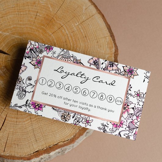 Moderne roze violette zwarte witte florale illustr klantenkaartje