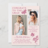 Moderne roze vlinder foto afstudeerfeest kaart (Voorkant)