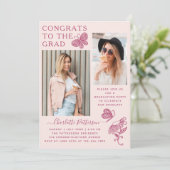 Moderne roze vlinder foto afstudeerfeest kaart (Staand voorkant)