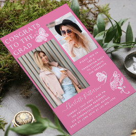 Moderne roze vlinder foto afstudeerfeest kaart