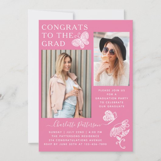 Moderne roze vlinder foto afstudeerfeest kaart (Voorkant)