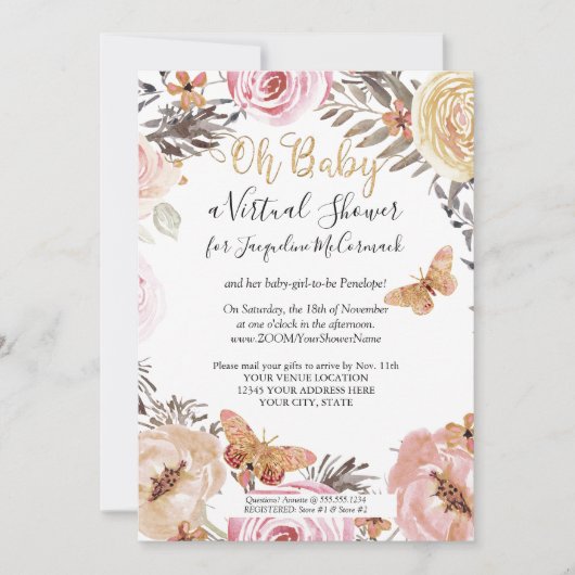 Moderne, roze vlindervlinder virtuele douche kaart (Voorkant)