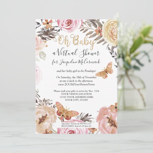 Moderne, roze vlindervlinder virtuele douche kaart (Staand voorkant)