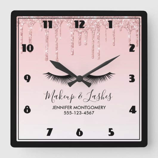 Moderne roze vloeibare glitter & eieras vierkante klok (Voorkant)