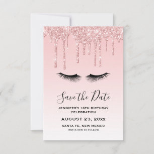 Moderne Roze Vloeibare Glitter & Wimpers Verjaarda Save The Date