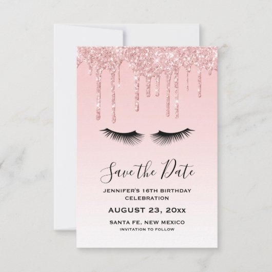 Moderne Roze Vloeibare Glitter & Wimpers Verjaarda Save The Date (Voorkant)
