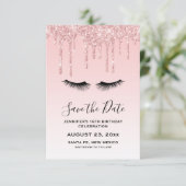 Moderne Roze Vloeibare Glitter & Wimpers Verjaarda Save The Date (Staand voorkant)