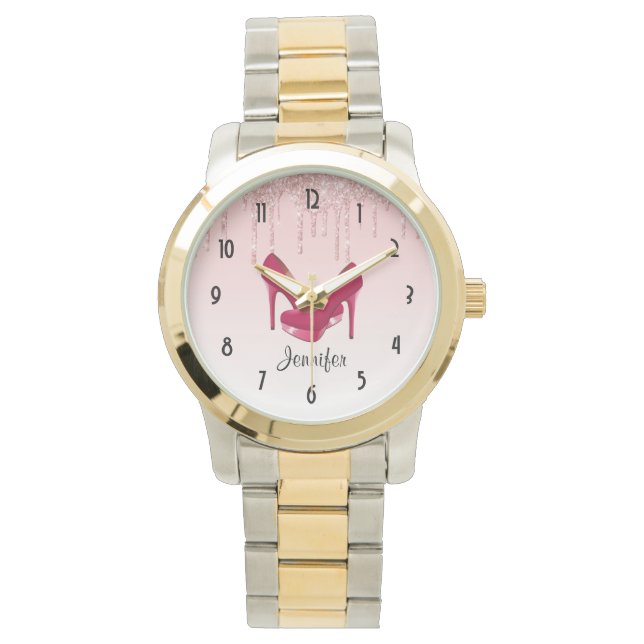 Moderne roze vormgeving glitter en hoge niveaus horloge (Voorkant)