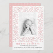 Moderne Roze Vrolijke Levering Meisje Geboorteaank Feestdagenkaart (Voorkant / Achterkant)