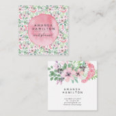 Moderne roze Waterverf bloemen groen blad Vierkante Visitekaartje (Voorkant / Achterkant)