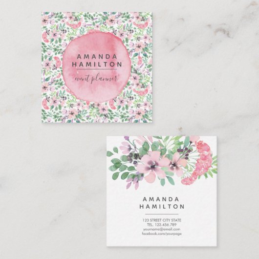 Moderne roze Waterverf bloemen groen blad Vierkante Visitekaartje (Voorkant / Achterkant)