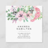 Moderne roze Waterverf bloemen groen blad Vierkante Visitekaartje (Achterkant)