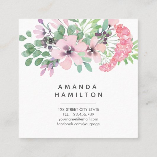Moderne roze Waterverf bloemen groen blad Vierkante Visitekaartje (Achterkant)