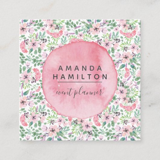Moderne roze Waterverf bloemen groen blad Vierkante Visitekaartje (Voorkant)