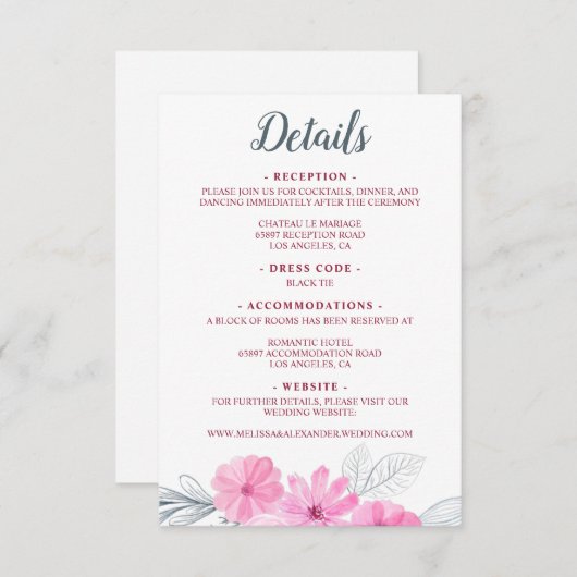 Moderne roze waterverf bloemen lente bruiloft informatiekaartje (Voorkant / Achterkant)