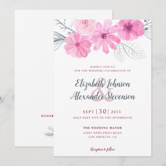Moderne roze waterverf bloemen lente bruiloft kaart (Voorkant / Achterkant)