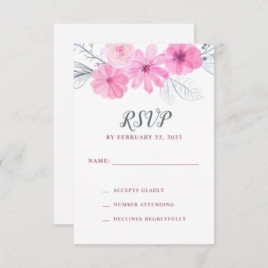 Moderne roze waterverf bloemen lente bruiloft RSVP kaartje (Voorkant / Achterkant)