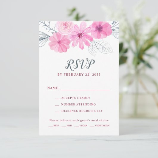 Moderne roze waterverf bloemen lente bruiloft RSVP kaartje (Staand voorkant)