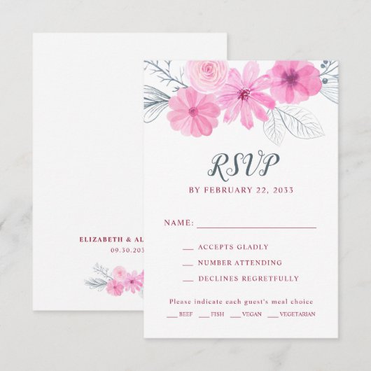 Moderne roze waterverf bloemen lente bruiloft RSVP kaartje (Voorkant / Achterkant)