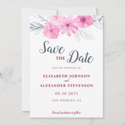 Moderne roze waterverf bloemen lente bruiloft save the date (Voorkant)