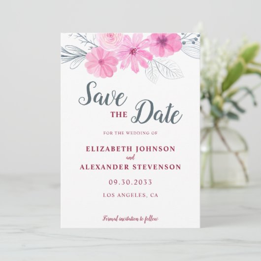 Moderne roze waterverf bloemen lente bruiloft save the date (Staand voorkant)