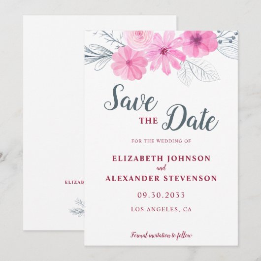 Moderne roze waterverf bloemen lente bruiloft save the date (Voorkant / Achterkant)