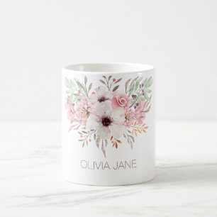 Moderne Roze Waterverf Bloemen Witte Mok