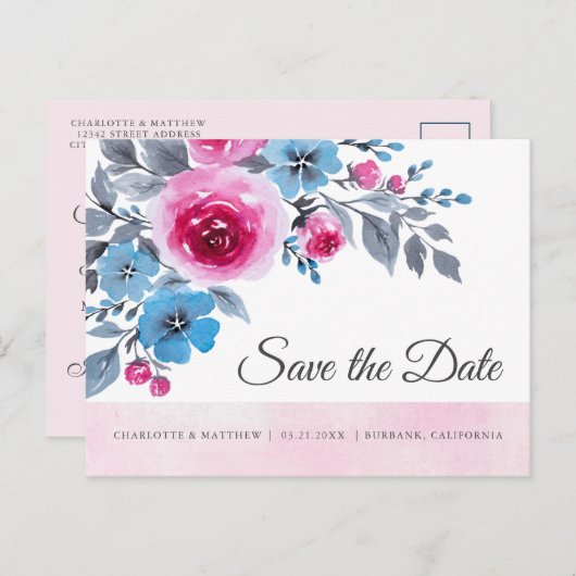 Moderne roze Waterverf bloemenbewaar de datum Aankondigingskaart (Voorkant / Achterkant)