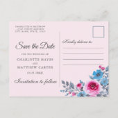 Moderne roze Waterverf bloemenbewaar de datum Aankondigingskaart (Achterkant)