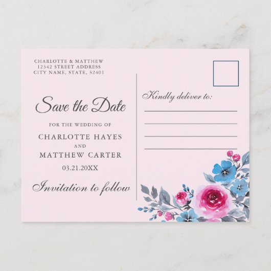 Moderne roze Waterverf bloemenbewaar de datum Aankondigingskaart (Achterkant)