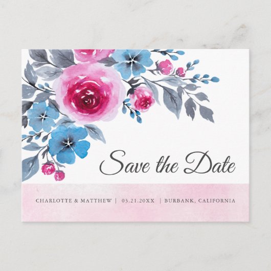 Moderne roze Waterverf bloemenbewaar de datum Aankondigingskaart (Voorkant)