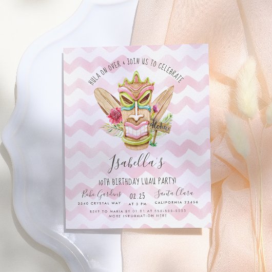 Moderne Roze Waterverf Bloemrijke Tiki Luau Feest Uitnodiging Briefkaart