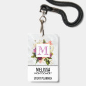 Moderne Roze Waterverf Bloemstuk Monogram Badge (Voorzijde met lanyard)