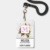 Moderne Roze Waterverf Bloemstuk Monogram Badge (Achterkant met lanyard)
