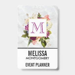Moderne Roze Waterverf Bloemstuk Monogram Badge