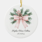 Moderne Roze Waterverf Bow Script Baby Girl Naam Keramisch Ornament (Voorkant)