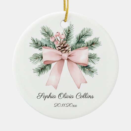 Moderne Roze Waterverf Bow Script Baby Girl Naam Keramisch Ornament (Voorkant)