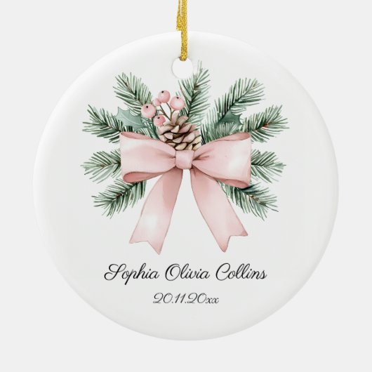 Moderne Roze Waterverf Bow Script Baby Girl Naam Keramisch Ornament (Achterkant)