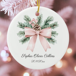 Moderne Roze Waterverf Bow Script Baby Girl Naam Keramisch Ornament