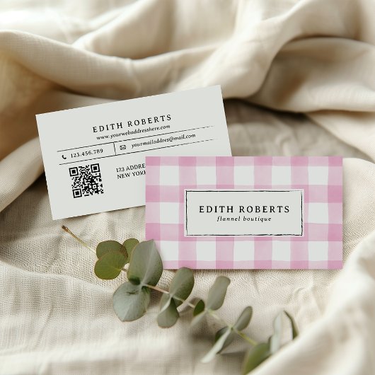 Moderne Roze Waterverf Buffalo Plaid QR CODE Visitekaartje