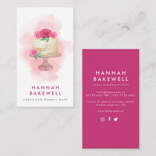 Moderne roze Waterverf Cake and Flowers Visitekaartje (Voorkant / Achterkant)